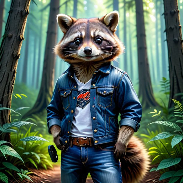 Pic of a raccoon in a jeans in the forest