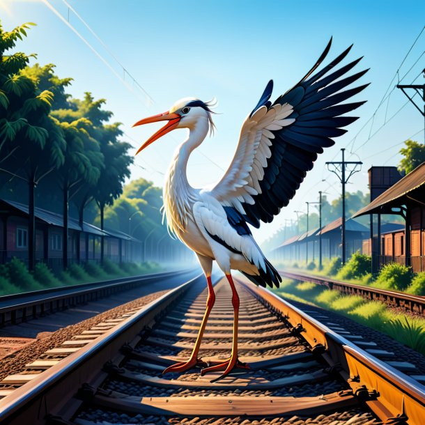 Illustration of a stork in a jeans on the railway tracks