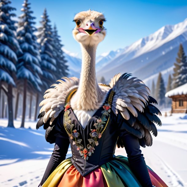 Pic of a ostrich in a dress in the snow