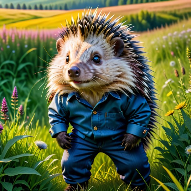 Photo of a porcupine in a trousers in the meadow