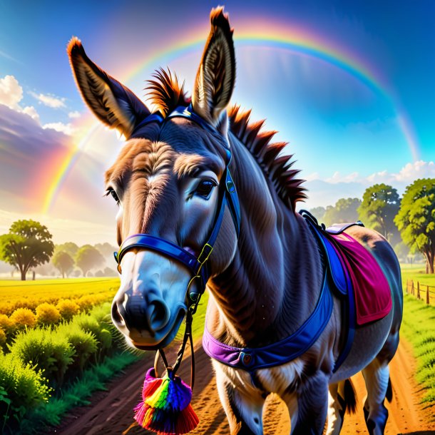 Photo of a donkey in a gloves on the rainbow