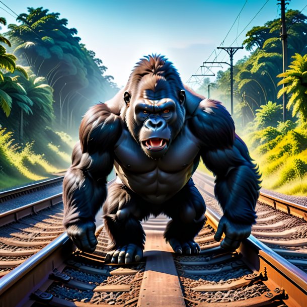 Pic of a threatening of a gorilla on the railway tracks