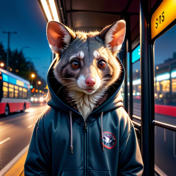 Photo d'un opossum dans un sweat à capuche sur l'arrêt de bus