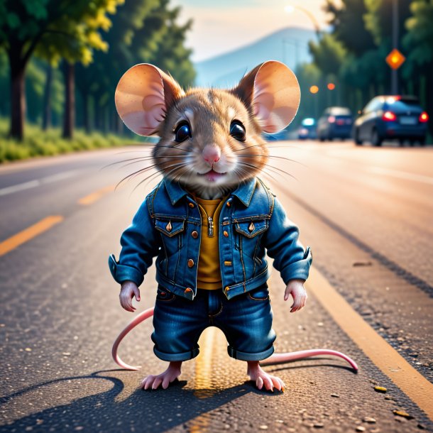 Pic d'une souris dans un jean sur la route