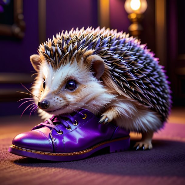 Photo d'un hérisson dans des chaussures violettes