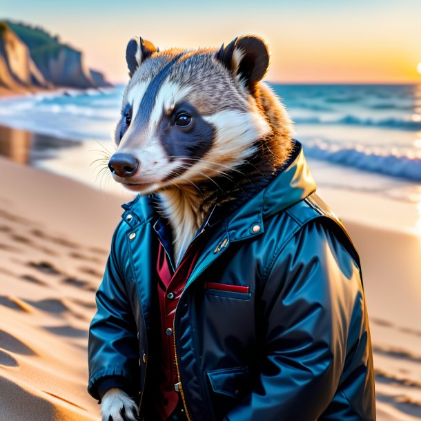 Picture of a badger in a jacket on the beach