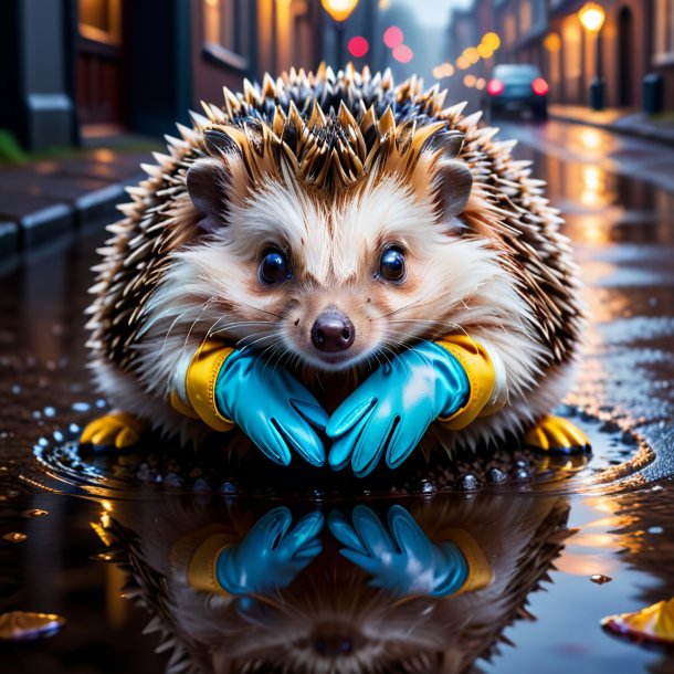 Image of a hedgehog in a gloves in the puddle