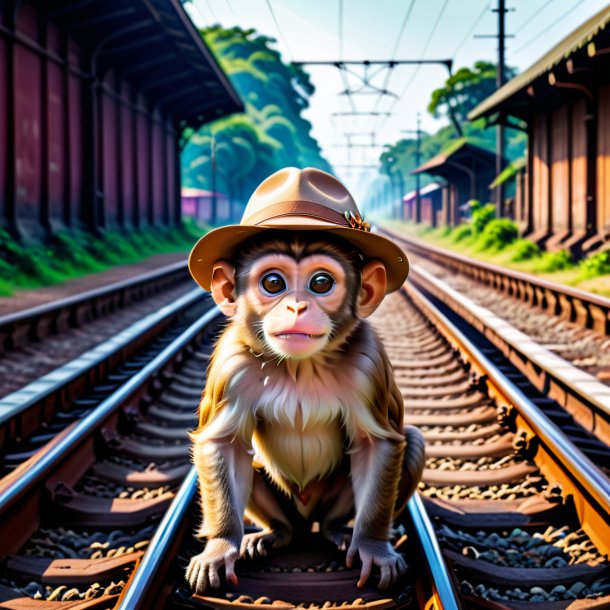 Pic of a monkey in a hat on the railway tracks