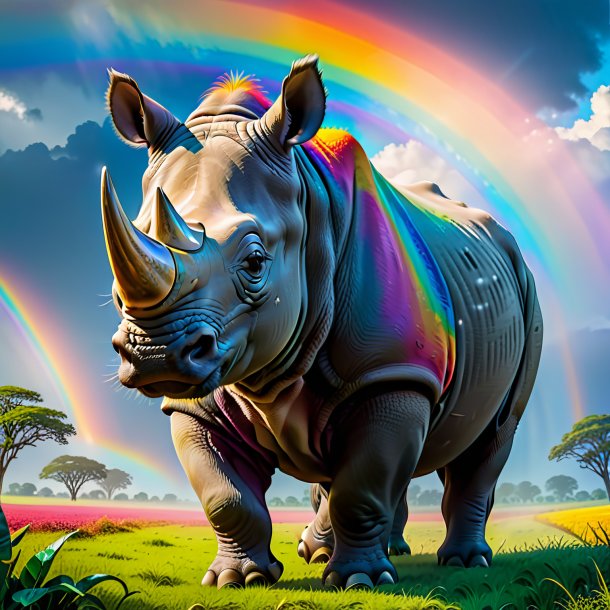 Pic of a smiling of a rhinoceros on the rainbow