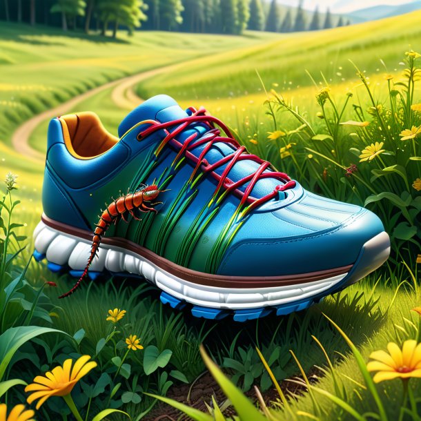 Illustration of a centipede in a shoes in the meadow