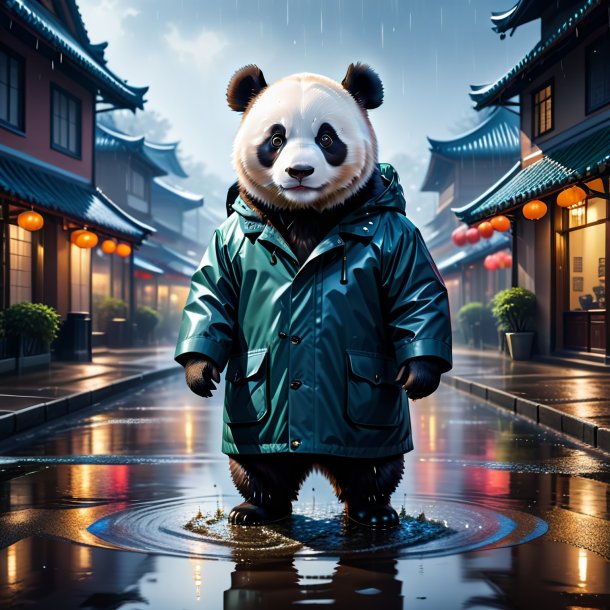 Illustration of a giant panda in a coat in the puddle