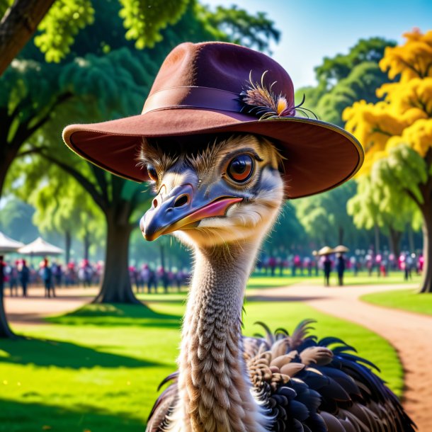 Photo of a ostrich in a hat in the park