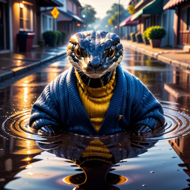 Image of a cobra in a sweater in the puddle