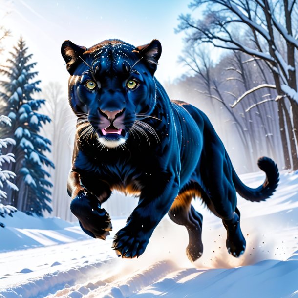 Pic of a jumping of a panther in the snow