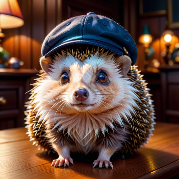 Illustration of a hedgehog in a cap in the house