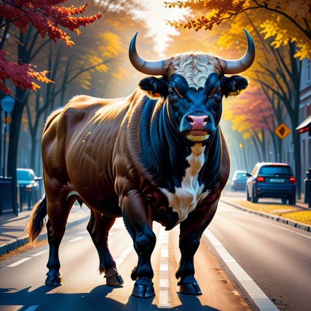 Drawing of a bull in a coat on the road