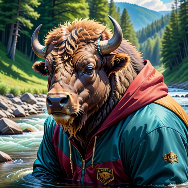 Drawing of a bison in a hoodie in the river