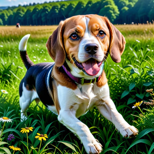 Photo of a eating of a beagle in the meadow