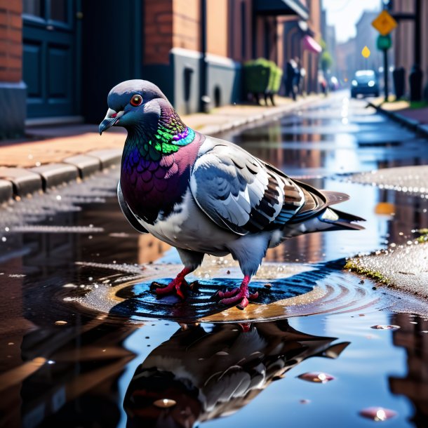 Imagem de um pombo em uma luvas na poça