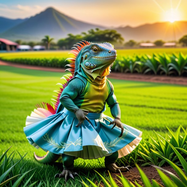 Imagem de uma iguana em uma saia no campo