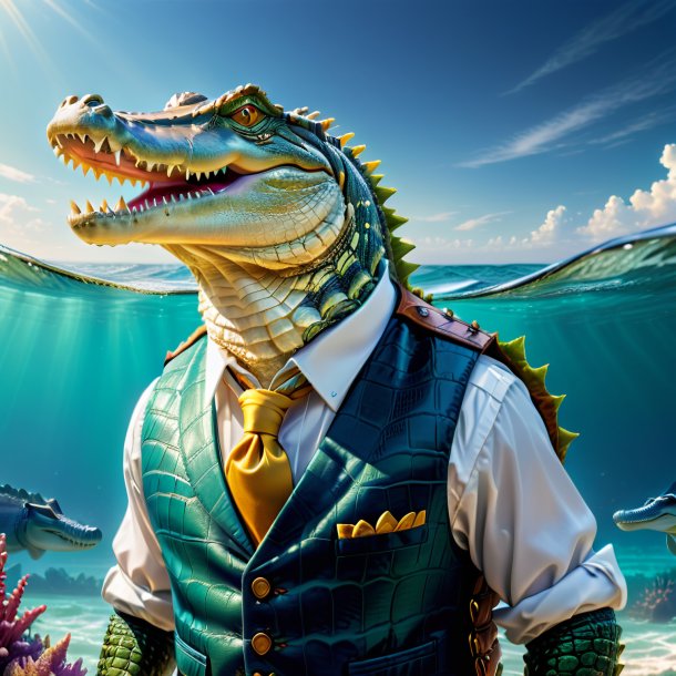 Picture of a crocodile in a vest in the sea