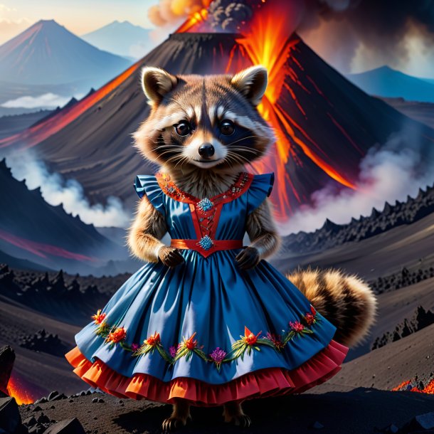 Picture of a raccoon in a dress in the volcano