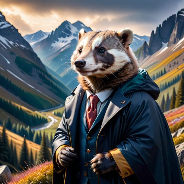 Picture of a badger in a coat in the mountains