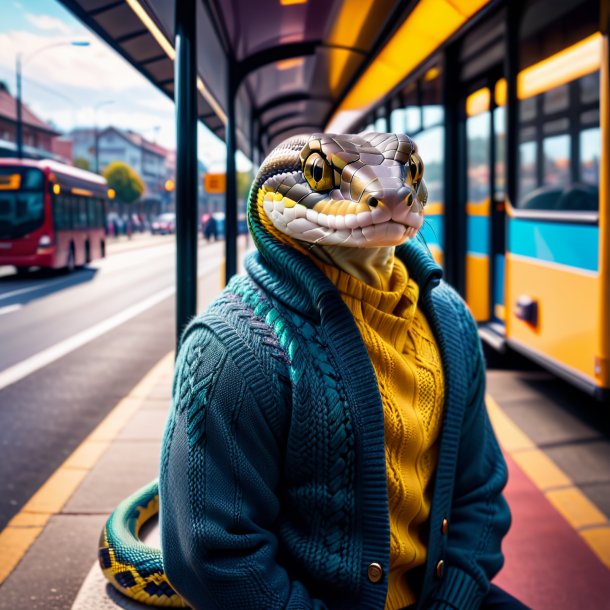 Imagem de uma cobra em um suéter no ponto de ônibus