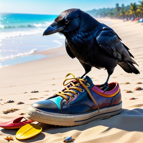 Pic d'un corbeau dans une chaussure sur la plage