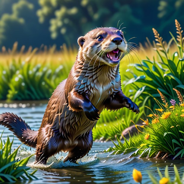 Image d'un saut d'une loutre dans la prairie