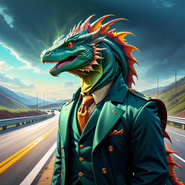 Illustration of a basilisk in a coat on the highway