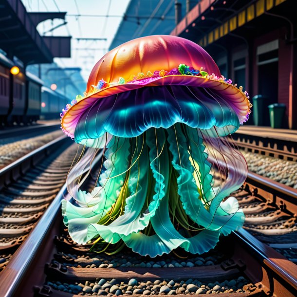 Image of a jellyfish in a hat on the railway tracks