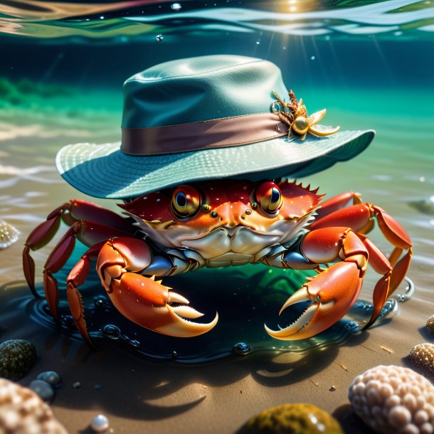 Drawing of a crab in a hat in the water