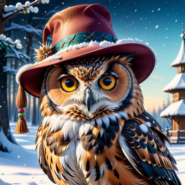 Drawing of a owl in a hat in the snow