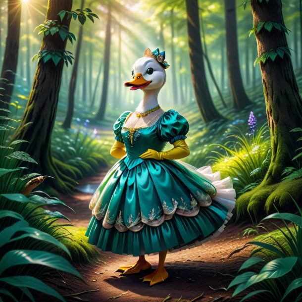 Ilustração de um pato em um vestido na floresta