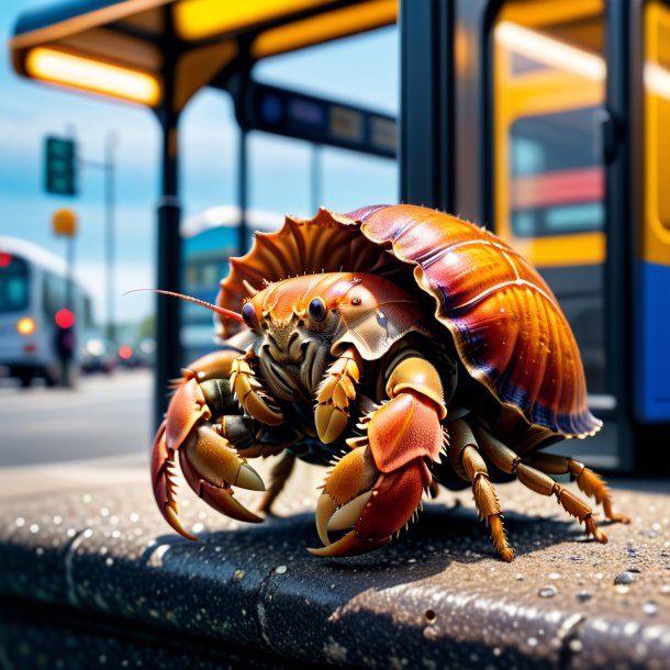 Imagem de um caranguejo eremita em um colete no ponto de ônibus