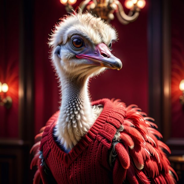 Photo of a ostrich in a red sweater