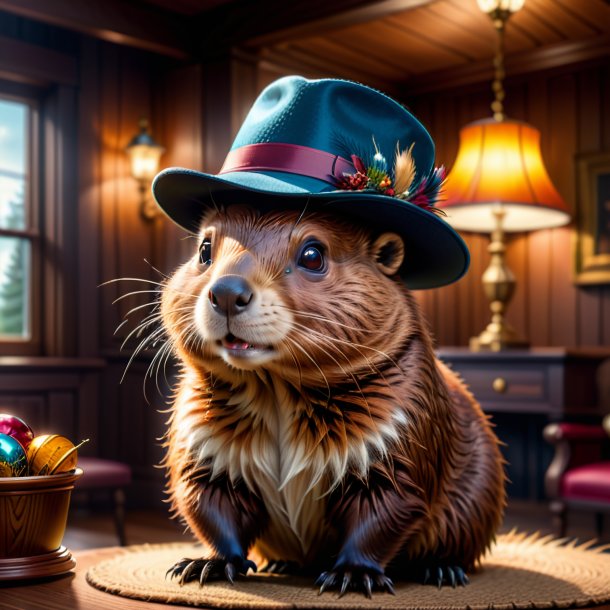 Illustration of a beaver in a hat in the house