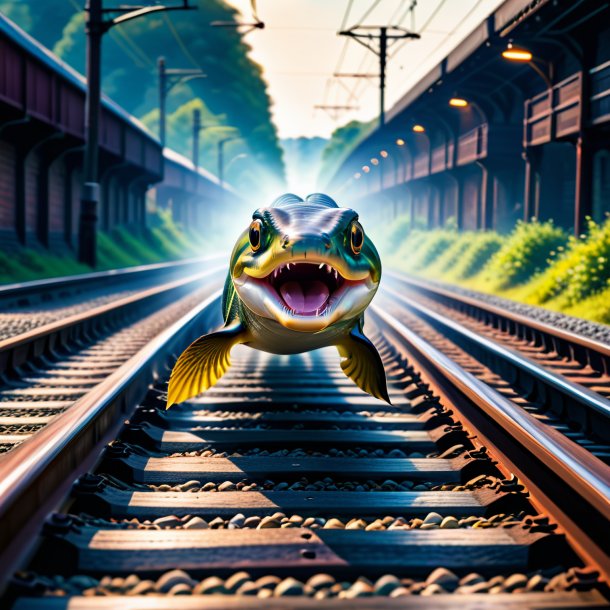 Image of a jumping of a eel on the railway tracks