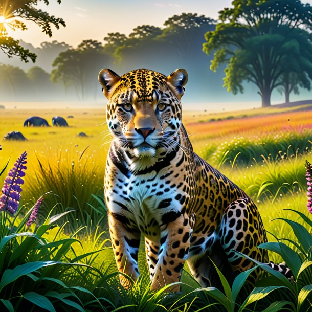 Photo of a waiting of a jaguar in the meadow