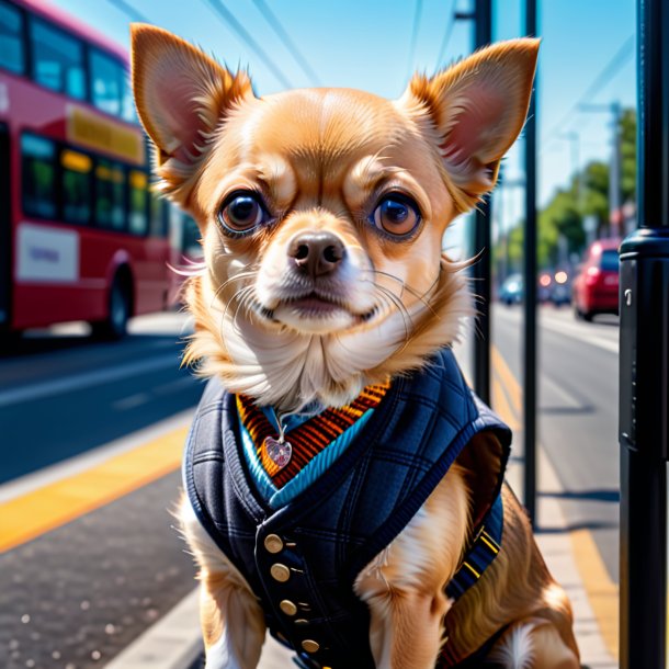 Imagem de um chihuahua em um colete no ponto de ônibus