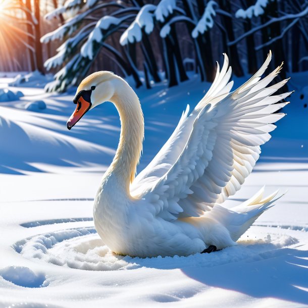 Pic of a playing of a swan in the snow