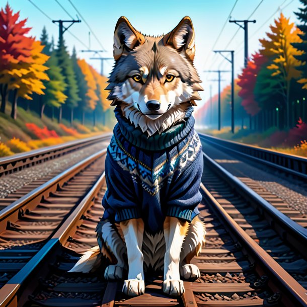 Ilustración de un lobo en un suéter en las vías del ferrocarril