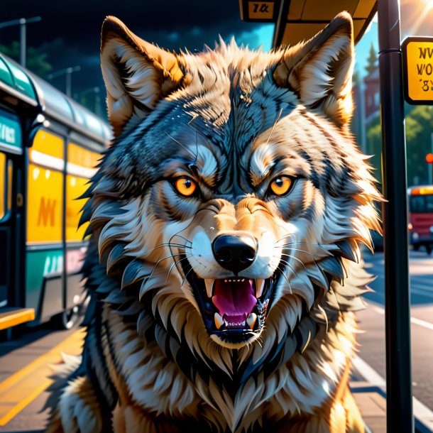 Image of a angry of a wolf on the bus stop