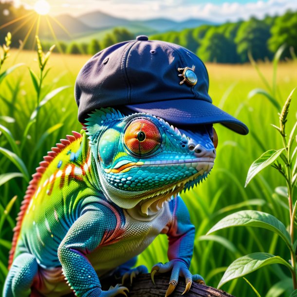 Foto de um camaleão em um boné no prado