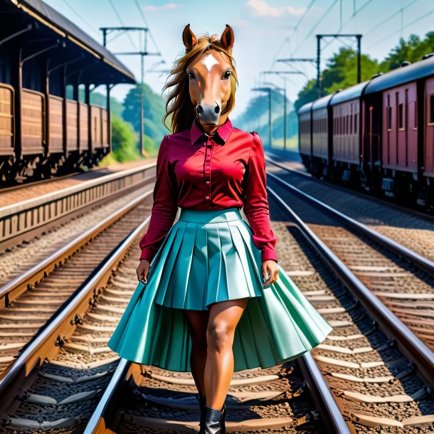 Photo of a horse in a skirt on the railway tracks