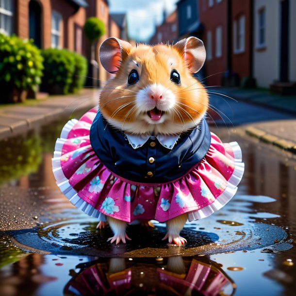 Image of a hamster in a skirt in the puddle