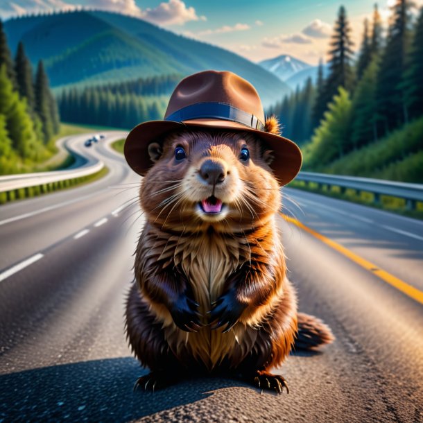 Photo of a beaver in a hat on the highway