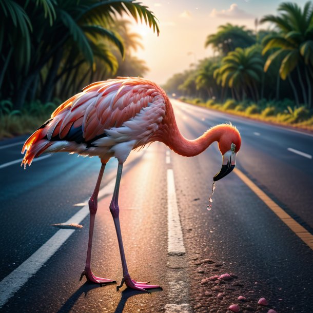 Imagem de um choro de um flamingo na estrada