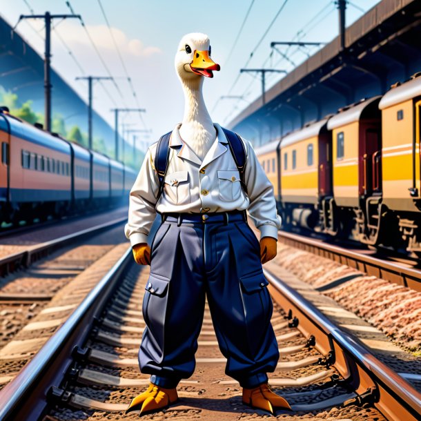 Image of a goose in a trousers on the railway tracks